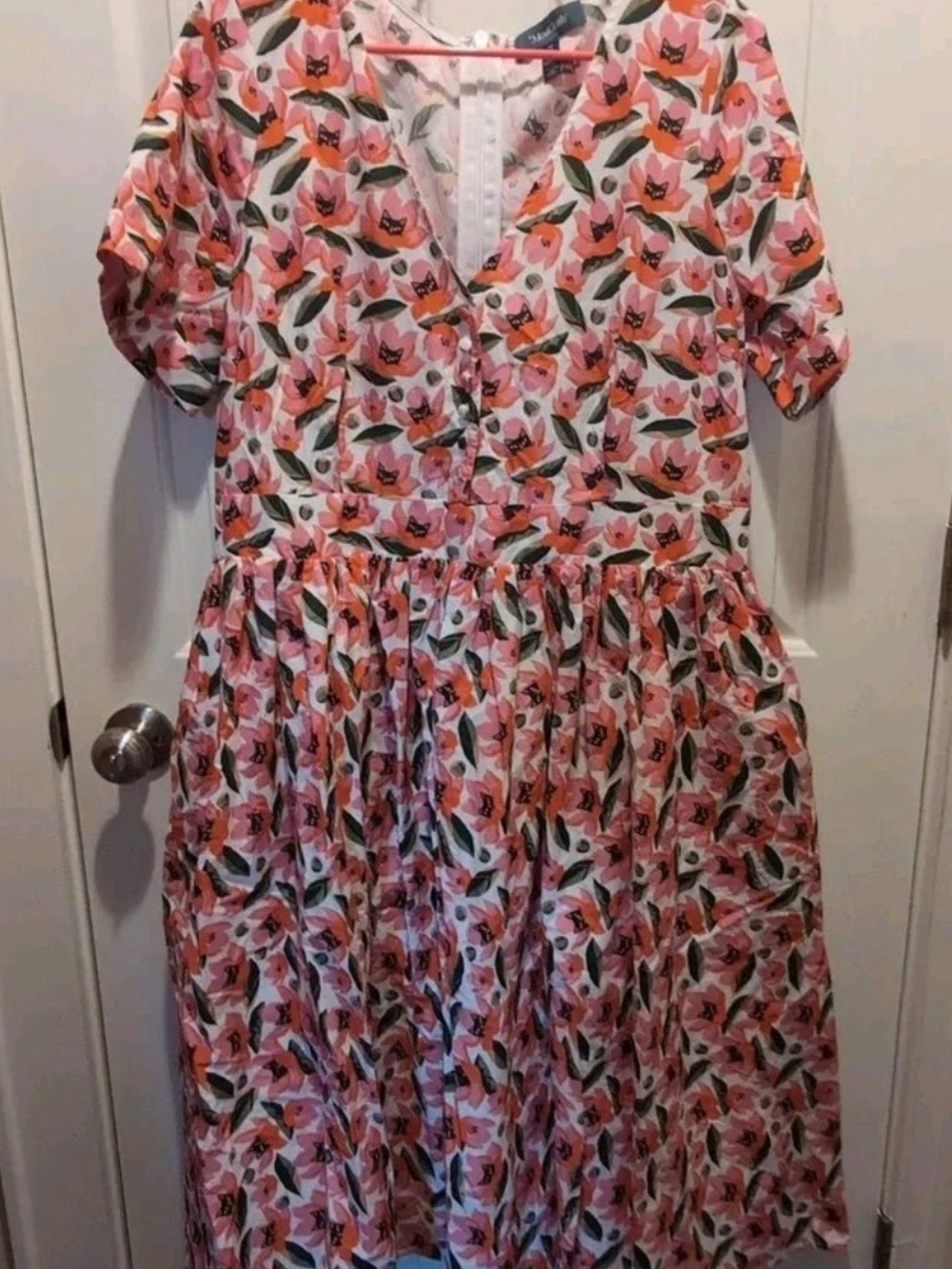 ModCloth Pink and Orange Floral Dress with Black Cat Face Print